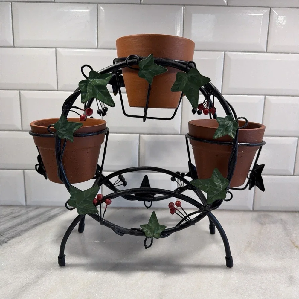 Vintage Wrought Iron Planter With Terra Cotta Pots